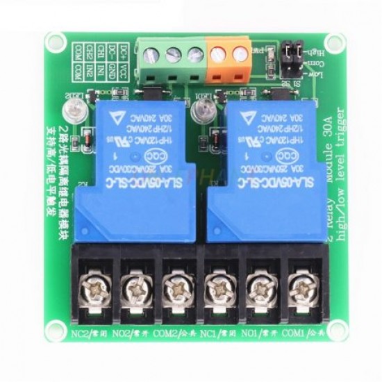 2 Channel Relay Module, 30A with Optocoupler, Isolation 5V Supports, High and Low Triger
