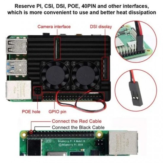 Aluminum Heat Sink Case with Double Fans for Raspberry Pi 4B – Black